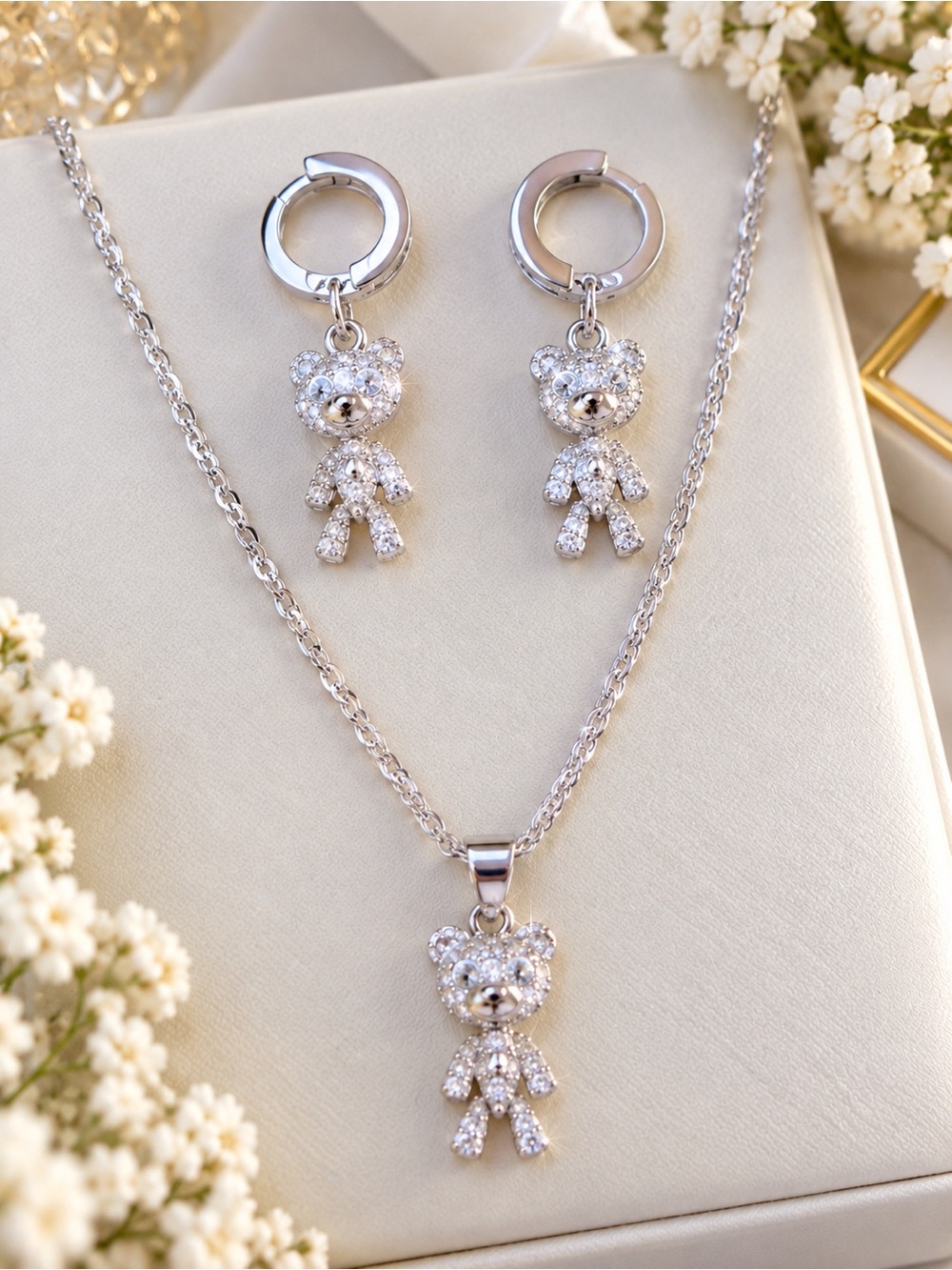 Stainless steel AAA CZ Teddy Bear Necklace & Earrings Set - Silver